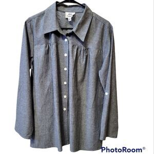 OSO Casuals Gray Button Up Top, Size M, 100% Cotton